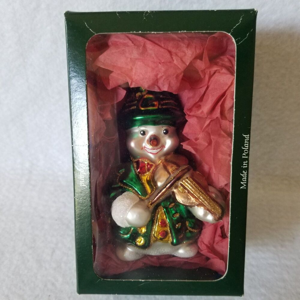 Vintage Snowman Ornament Irish Violin Playing Blown Glass Made in Poland